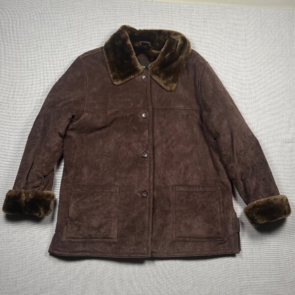 Dennis Basso Leather Coat Faux Fur Trim Dark Brown Button Down Size 1X - Picture 1 of 13